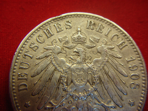 Antique 1908 Württemberg Germany 5 Mark Silver Coin ( .900 Fine, 27.7g)