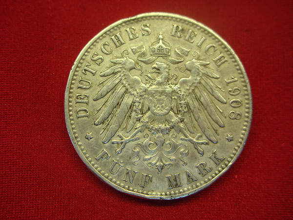 Antique 1908 Württemberg Germany 5 Mark Silver Coin ( .900 Fine, 27.7g)