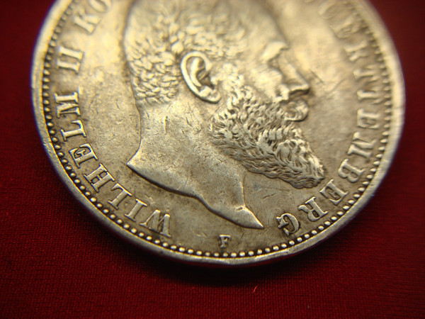 Antique 1908 Württemberg Germany 5 Mark Silver Coin ( .900 Fine, 27.7g)