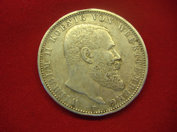Antique 1908 Württemberg Germany 5 Mark Silver Coin ( .900 Fine, 27.7g)