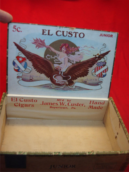Vintage Wooden Cigar Box - El CUSTO - Handcrafted by James W. Custer (Boyertown, PA) - ARMY & WEST END Inscriptions