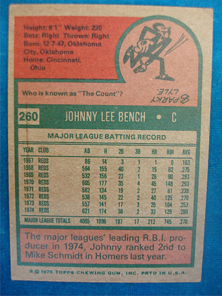 1975 Topps Johnny Bench #260 Cincinnati Reds Baseball Card - Nice Condition