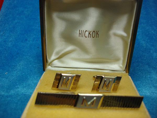 Vintage Hickok Gold Tone Cufflinks & Tie Clip Set with Letter M - Excellent Condition