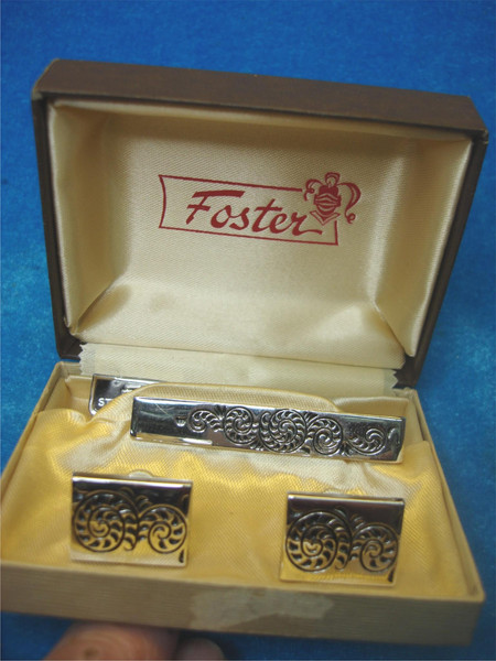 Vintage Foster Polished Silver Cufflinks & Tie Clip Set - Men's Jewelry Gift #54