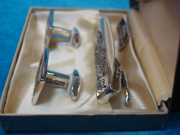 Vintage Foster Polished Silver Cufflinks & Tie Clip Set - Men's Jewelry Gift #54