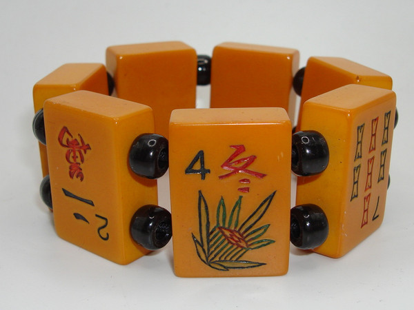 Vintage Butterscotch Bakelite Mah Jong Bracelet - 7 Inch Expandable Estate Find