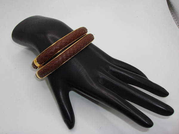 Vintage Joan Rivers Braided Leather Hinged Bangle Bracelets (Pair)