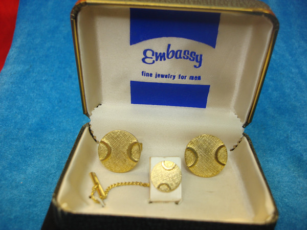 Vintage Gold Tone Mod Design Cufflinks & Tie Tac Set - New In Box