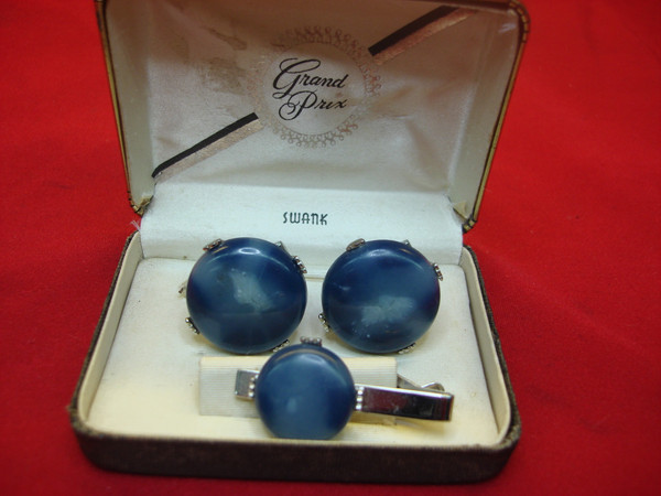 Vintage Pioneer by Swank Silver-Tone Cufflinks & Tie Clip Set with Blue Stones - Preowned