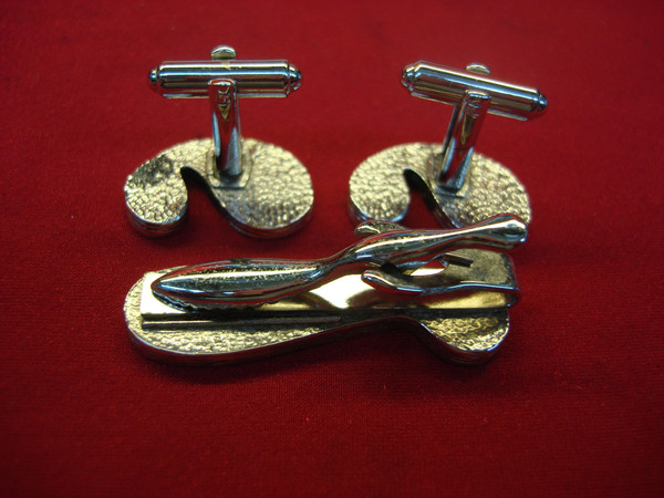 Vintage Mod Style Silver & Black Tie Clip & Cufflinks Set - 1 3/4 Inch