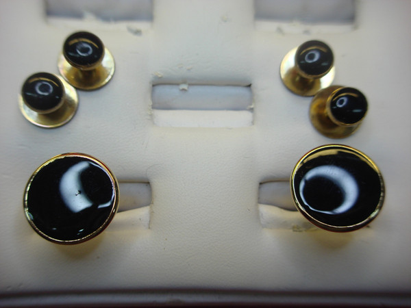 Vintage Gold Tone Onyx Cufflinks & Shirt Studs Set - Estate Jewelry #79