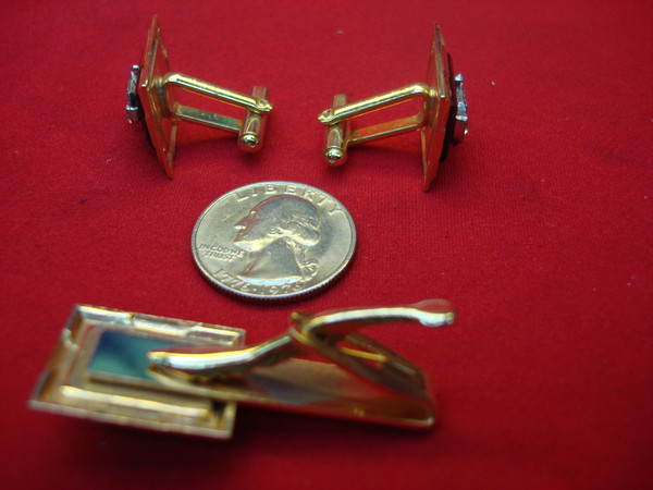 Vintage Gold Tone Onyx & Simulated Diamond Cufflinks & Tie Clip Set