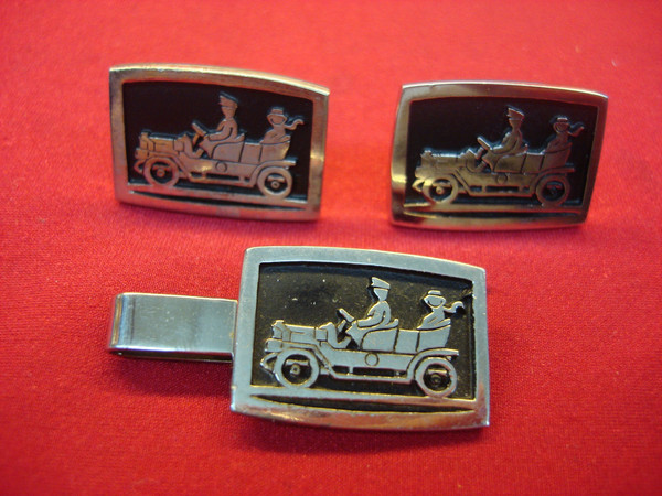 Vintage Silver Tone Chauffeur & Passenger Cufflinks & Tie Clip Set - #81