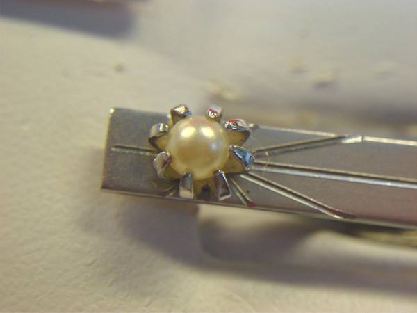 Vintage Silver Tone Faux Pearl Cufflinks & Tie Clip Set - #81