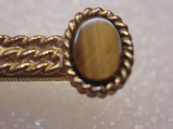 Vintage Gold Tone Tie Clip w/Brown Stone & Intricate Pattern (2 inches)