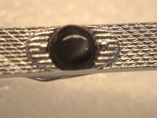 Vintage Silver Tone Tie Clip with Intricate Pattern & Dark Blue Stone - #128