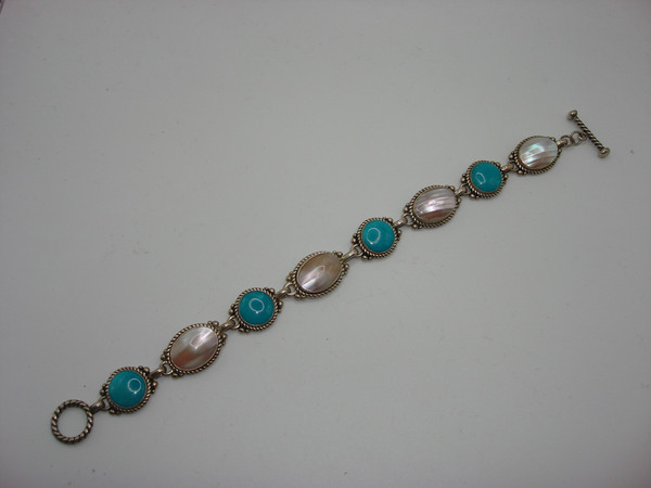 Vintage Carolyn Relios Pollock Sterling Silver MOP & Turquoise Bracelet - 7 1/4