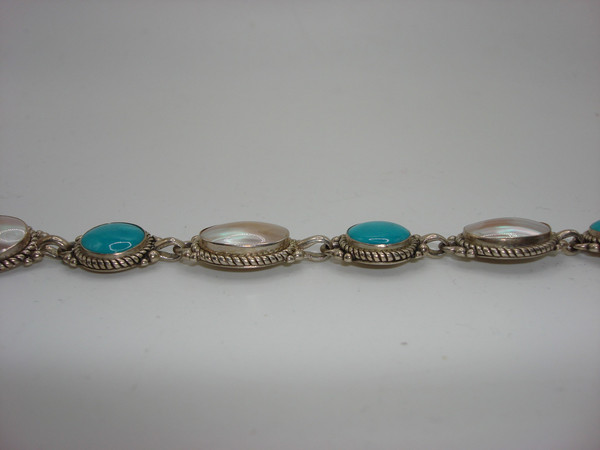 Vintage Carolyn Relios Pollock Sterling Silver MOP & Turquoise Bracelet - 7 1/4