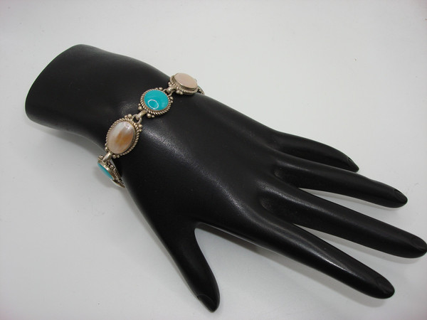 Vintage Carolyn Relios Pollock Sterling Silver MOP & Turquoise Bracelet - 7 1/4
