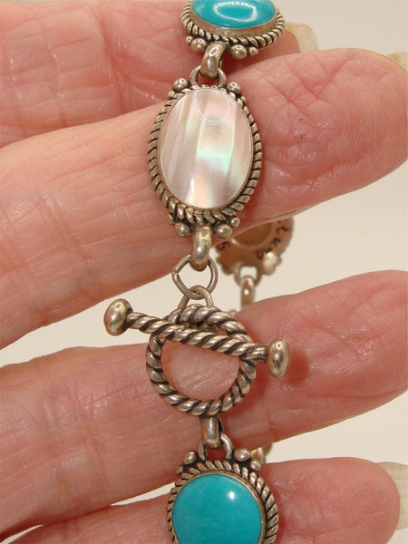 Vintage Carolyn Relios Pollock Sterling Silver MOP & Turquoise Bracelet - 7 1/4