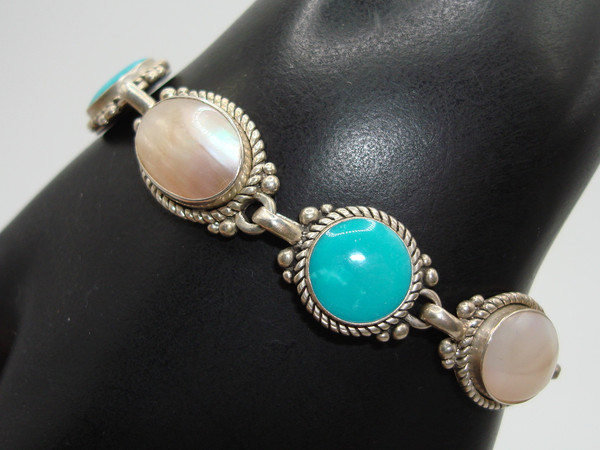 Vintage Carolyn Relios Pollock Sterling Silver MOP & Turquoise Bracelet - 7 1/4