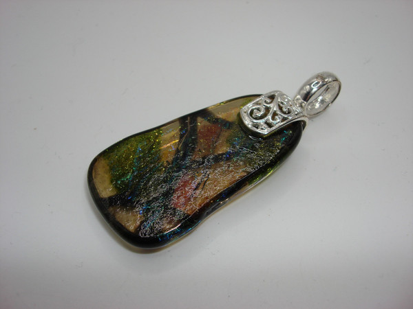 Vintage Sterling Silver Dichroic Glass Pendant | Blue & Green Shimmer | 925 Hallmarked