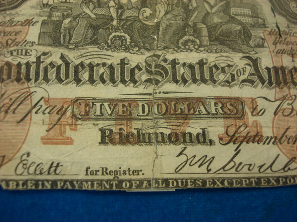 Used Confederate Contemporary Counterfeit $5 Note CT-31 - Unique Collector's Item