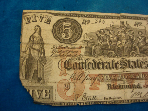 Used Confederate Contemporary Counterfeit $5 Note CT-31 - Unique Collector's Item