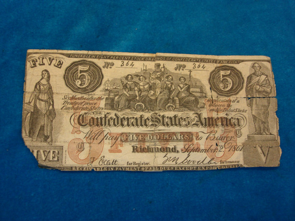 Used Confederate Contemporary Counterfeit $5 Note CT-31 - Unique Collector's Item