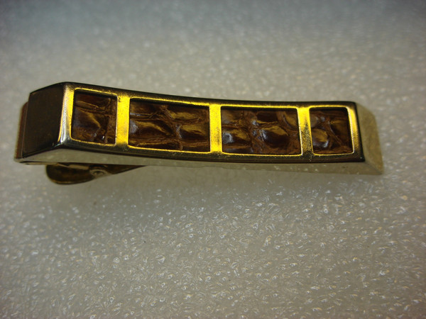 Vintage Gold Tone Tie Clip with Alligator Hide Insert - 2 Inch
