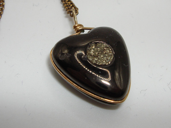 Antique Victorian Whitby Jet & Pyrite Heart Pendant Necklace - Estate Find