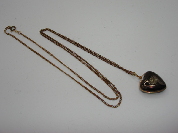 Antique Victorian Whitby Jet & Pyrite Heart Pendant Necklace - Estate Find