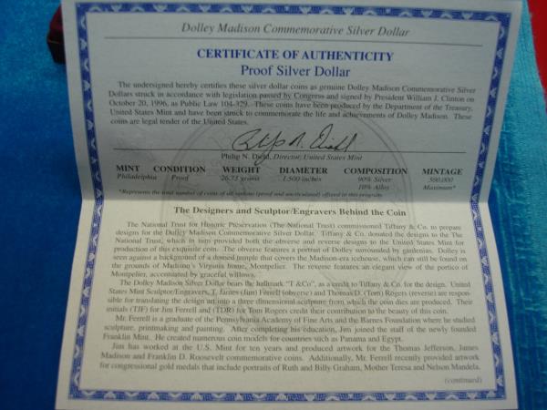1999 Dolley Madison Proof Silver Dollar - US Mint Commemorative (Original Packaging)