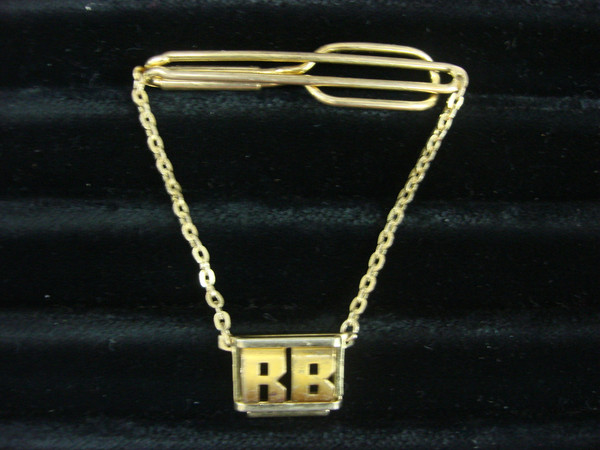 Vintage Swank Gold-Tone Tie Bar Chain with 'RB' Initials - Mid Century Jewelry