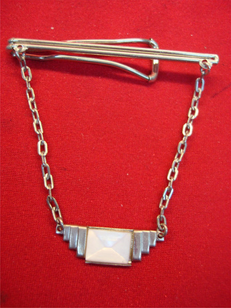 Art Deco Tie Bar with Mother-of-Pearl - Vintage Gold Tone Metal
