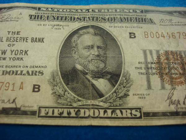 Vintage 1929 $50 Federal Reserve Bank of New York Note - Collector's Item