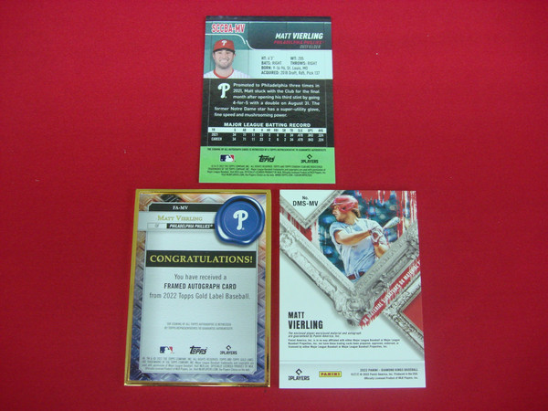 Matt Vierling Autographed Baseball Card Lot (2022 Phillies RC, Stadium Club, Topps Gold Label & Diamond Kings)