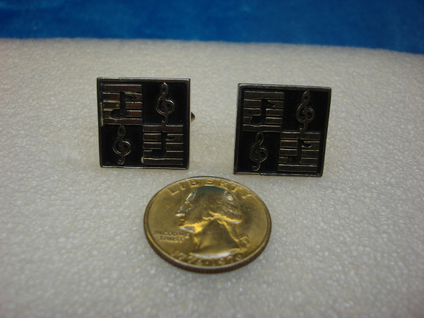 Vintage Swank Gold Tone Cufflinks with Musical Notes & Black Enamel - #403
