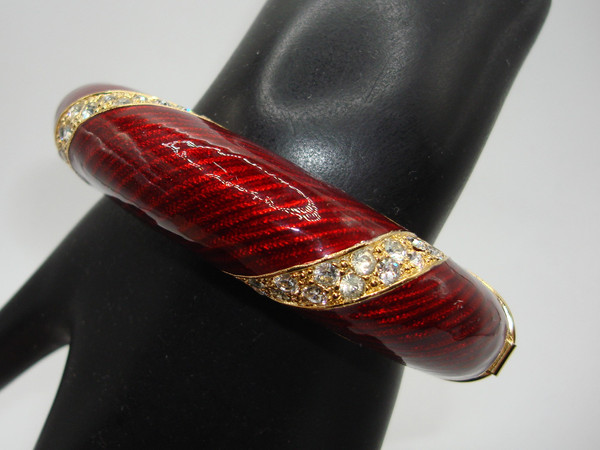 Vintage Camrose & Cross JBK Red Enamel Bangle Bracelet & Clip-On Earrings Set - Mint Condition
