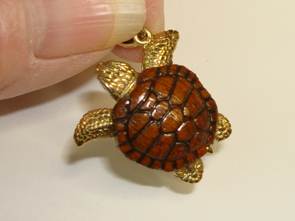 Gregory Guzzi 14K Gold & Teak Turtle Pendant with Diamond Eyes - Unique Art Jewelry