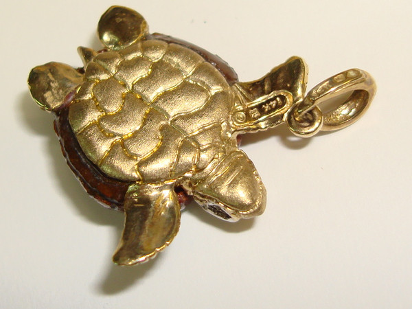 Gregory Guzzi 14K Gold & Teak Turtle Pendant with Diamond Eyes - Unique Art Jewelry
