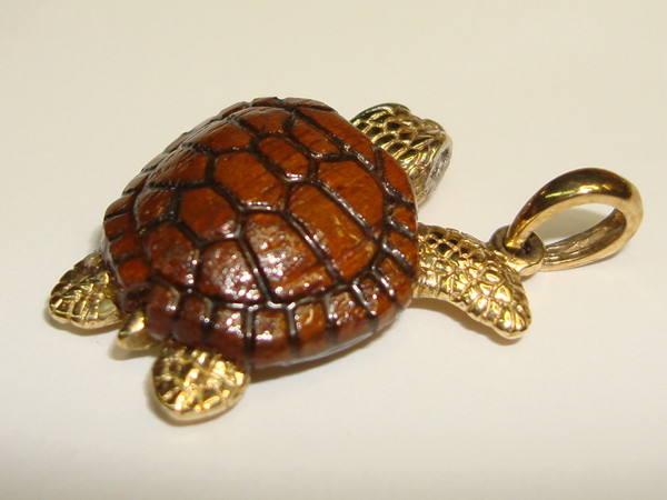 Gregory Guzzi 14K Gold & Teak Turtle Pendant with Diamond Eyes - Unique Art Jewelry