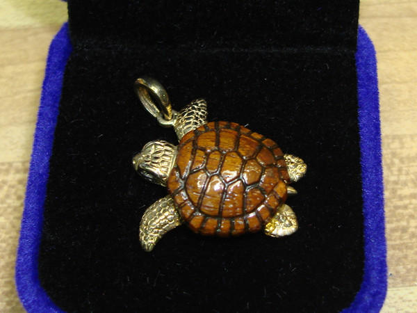 Gregory Guzzi 14K Gold & Teak Turtle Pendant with Diamond Eyes - Unique Art Jewelry