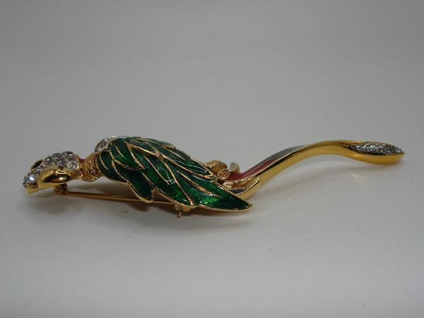 Vintage 1970s Atwood & Sawyer Parrot Brooch - Gold Plated Enamel & Rhinestones