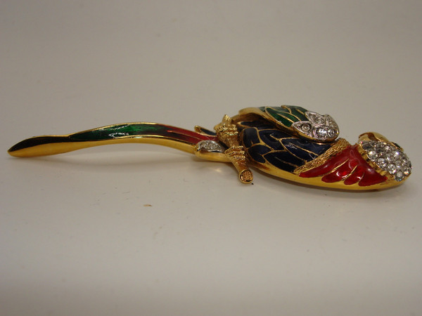 Vintage 1970s Atwood & Sawyer Parrot Brooch - Gold Plated Enamel & Rhinestones