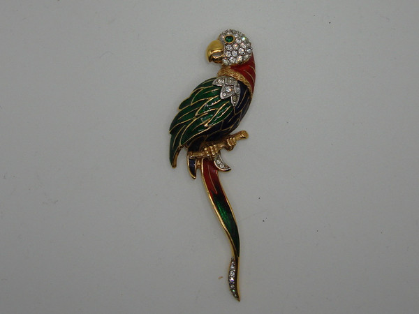 Vintage 1970s Atwood & Sawyer Parrot Brooch - Gold Plated Enamel & Rhinestones