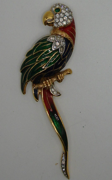 Vintage 1970s Atwood & Sawyer Parrot Brooch - Gold Plated Enamel & Rhinestones