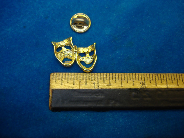 Vintage Gold-Tone Thespian Masks Collar Pin - Intricate Theatre Design, Excellent Condition