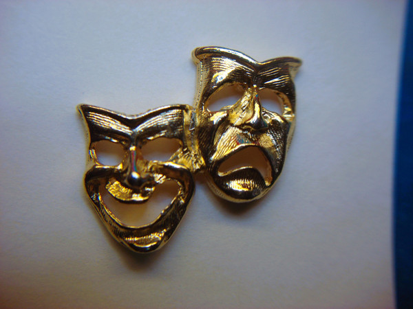 Vintage Gold-Tone Thespian Masks Collar Pin - Intricate Theatre Design, Excellent Condition