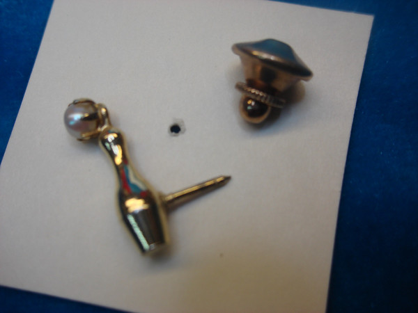 Vintage Gold Bowling Pin & Ball Lapel Pin with Pearl Accent
